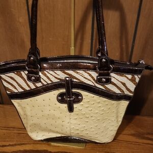 Stylish M. C.  Ostrich Print Cream and Brown Women's Handbag